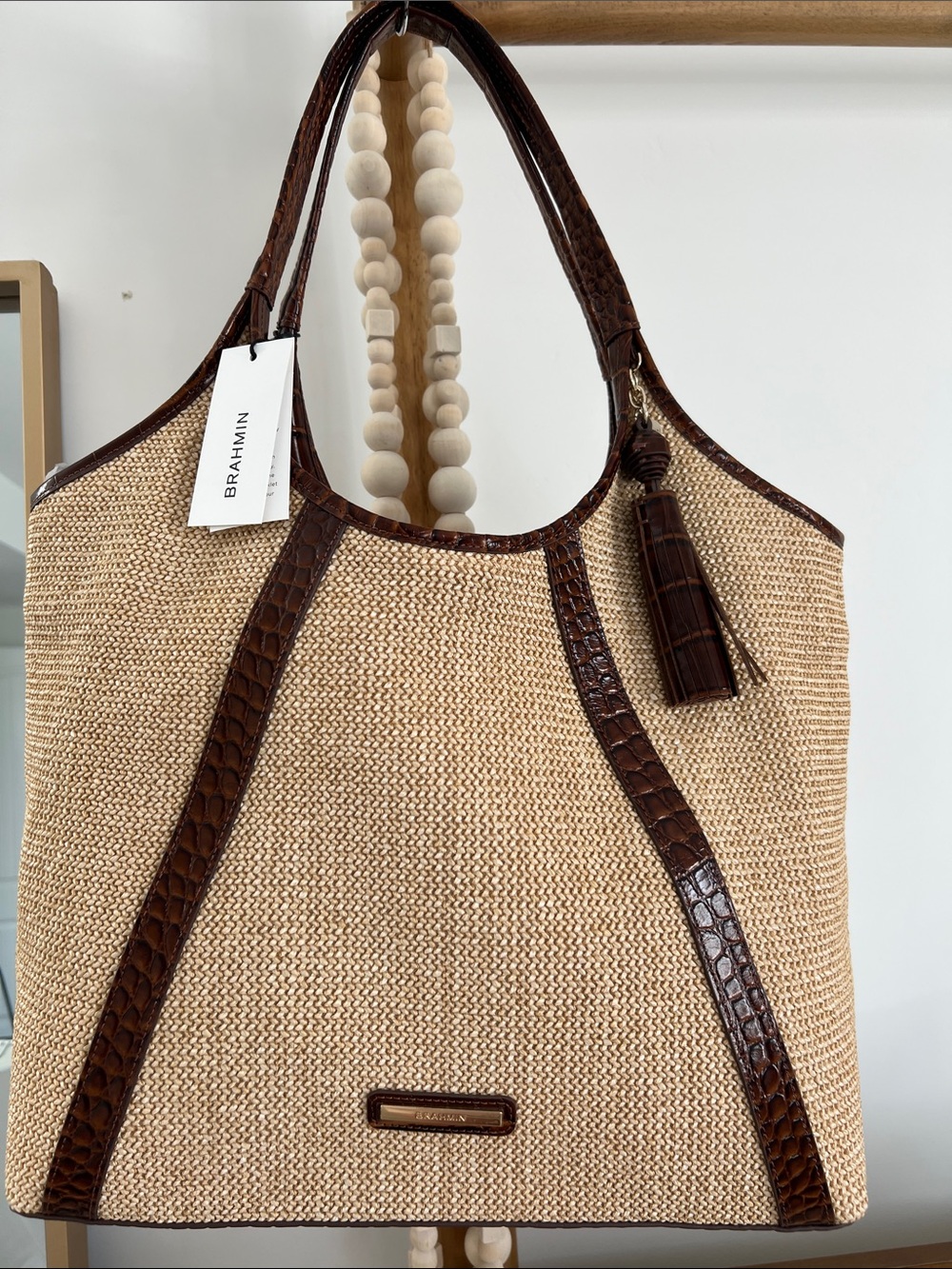 Brahmin Beige Woven Tote with Brown Croc-Trim and Tassel